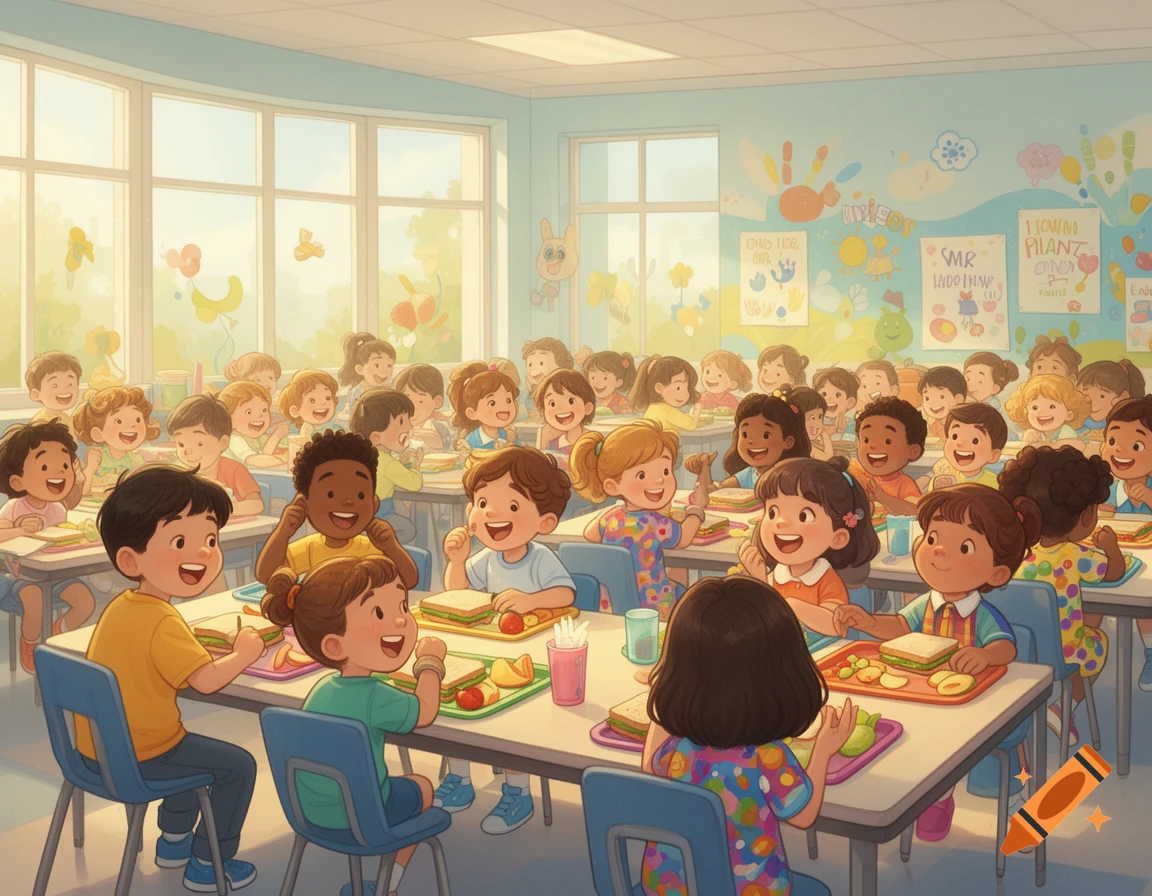 Animated picture of a diverse group of happy children sitting at tables in a bright cafeteria-style classroom, eating lunch.