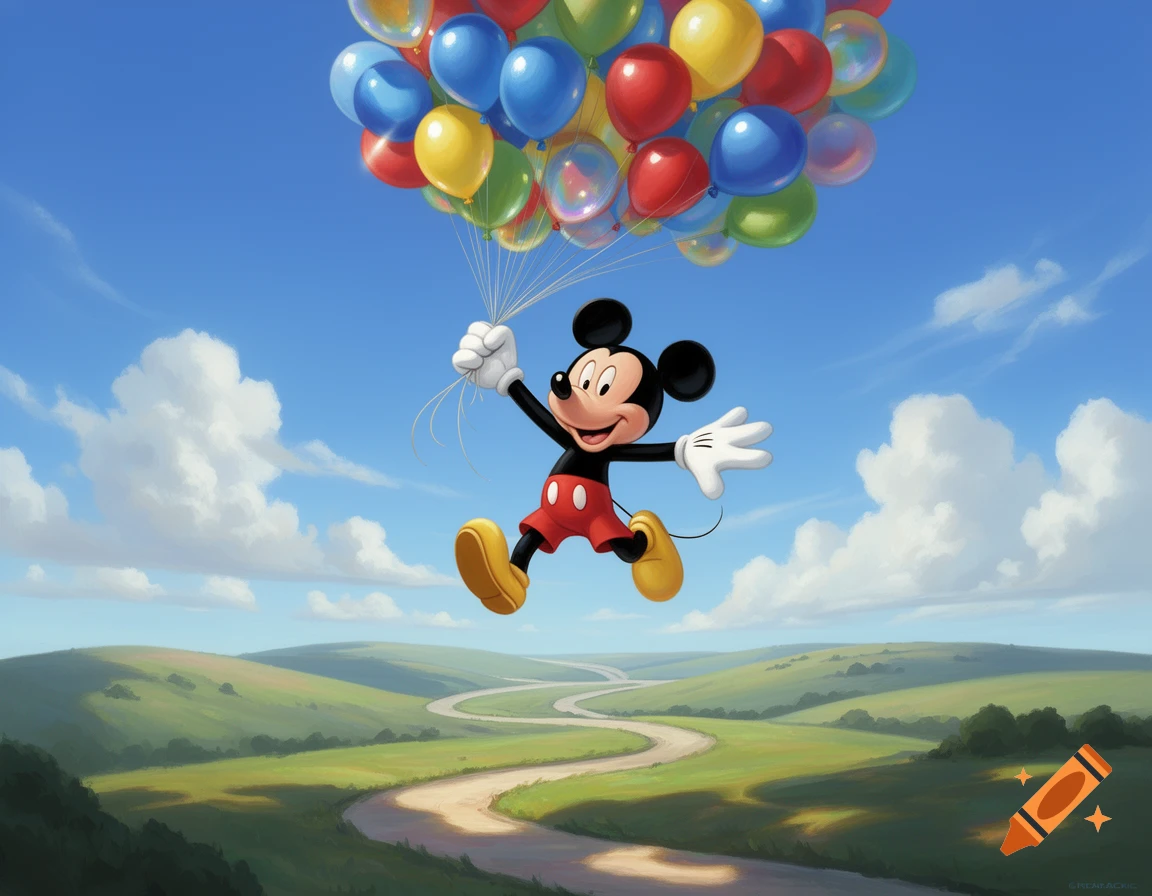 Mickey Mouse joyfully flies through a bright blue sky, holding a large bunch of colorful balloons above green hills and a winding path.