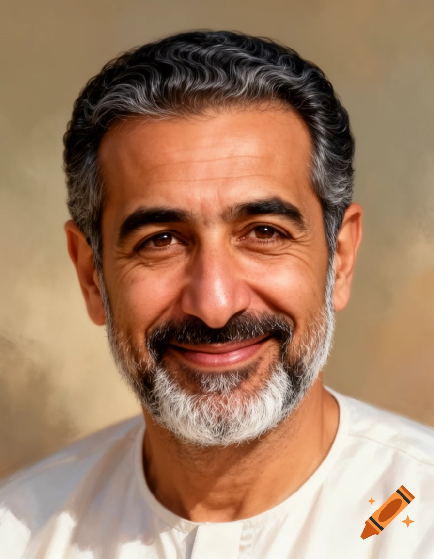 A headshot of a smiling Middle Eastern man with dark hair and a salt-and-pepper beard, wearing a white thobe.