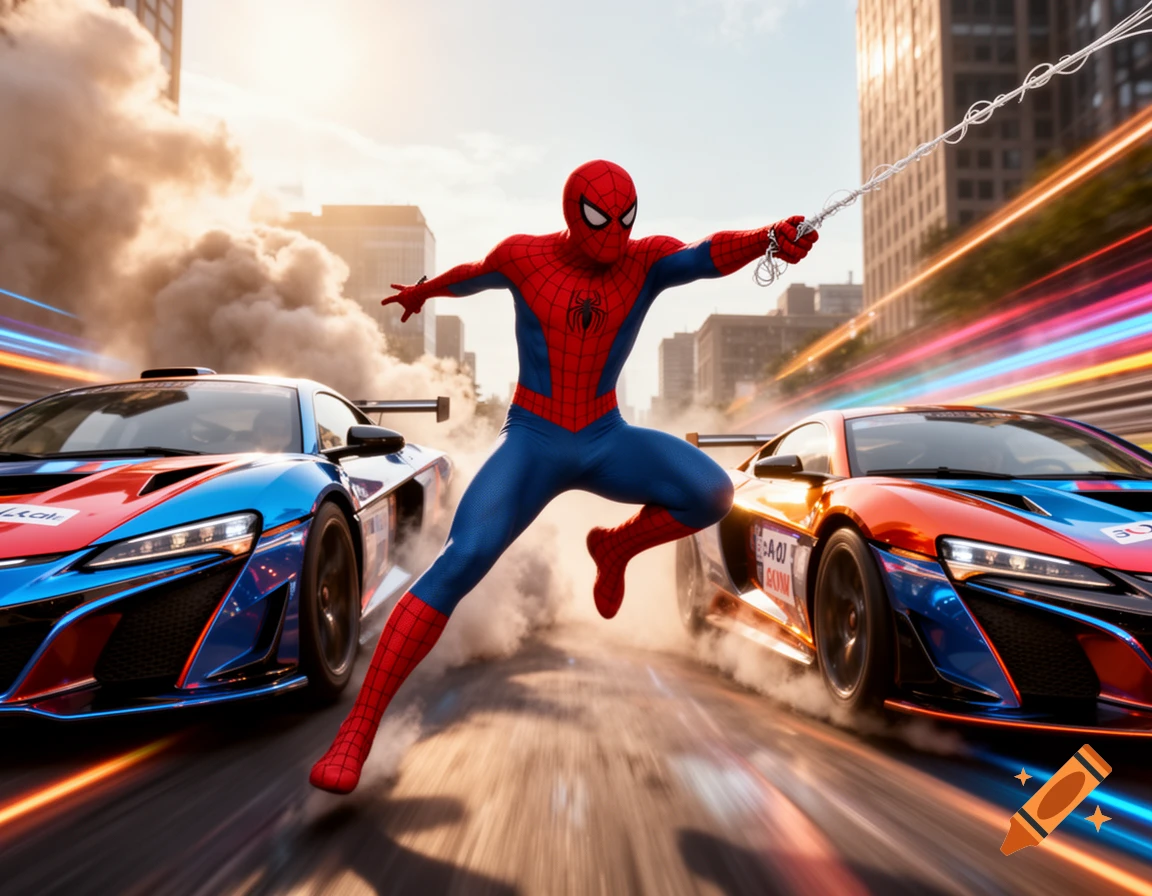 Spiderman Racing Photorealistic image of Spider-Man leaping between two brightly colored ...
