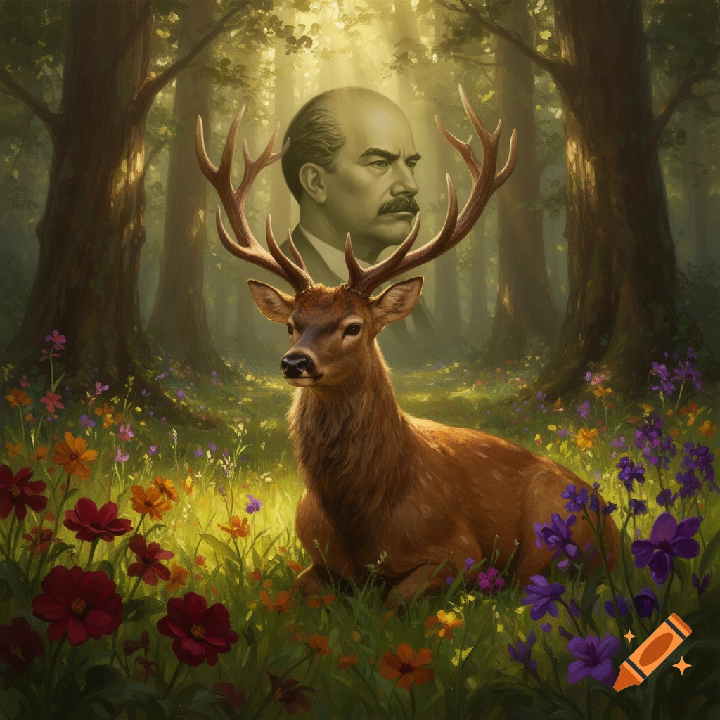 A brown deer lies in a wildflower-filled forest, with the sepia-toned head of Vladimir Lenin floating above it.