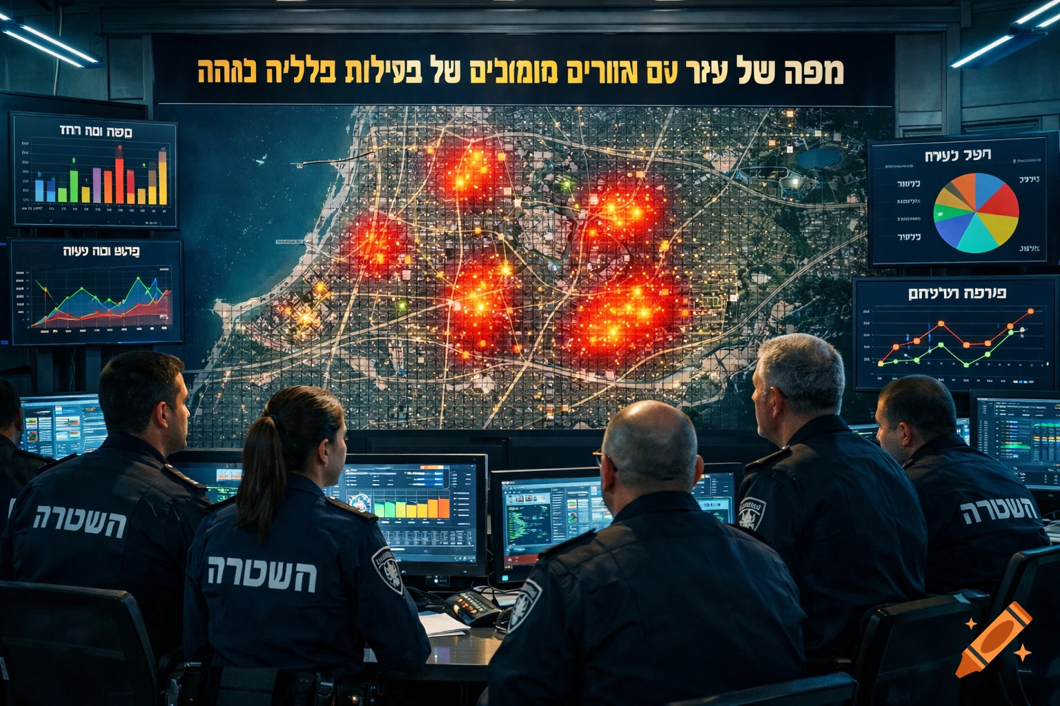 Police officers monitor a city map with highlighted high-crime areas and data charts on multiple screens in a realistic style.