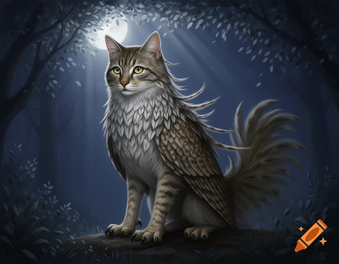 A majestic cat-owl hybrid with a tabby cat head and feathered body sits in a dark forest under a full moon.