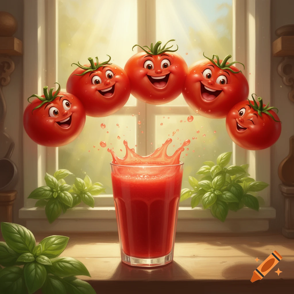 Five cheerful cartoon tomatoes float above a splashing glass of tomato juice on a kitchen counter by a window.