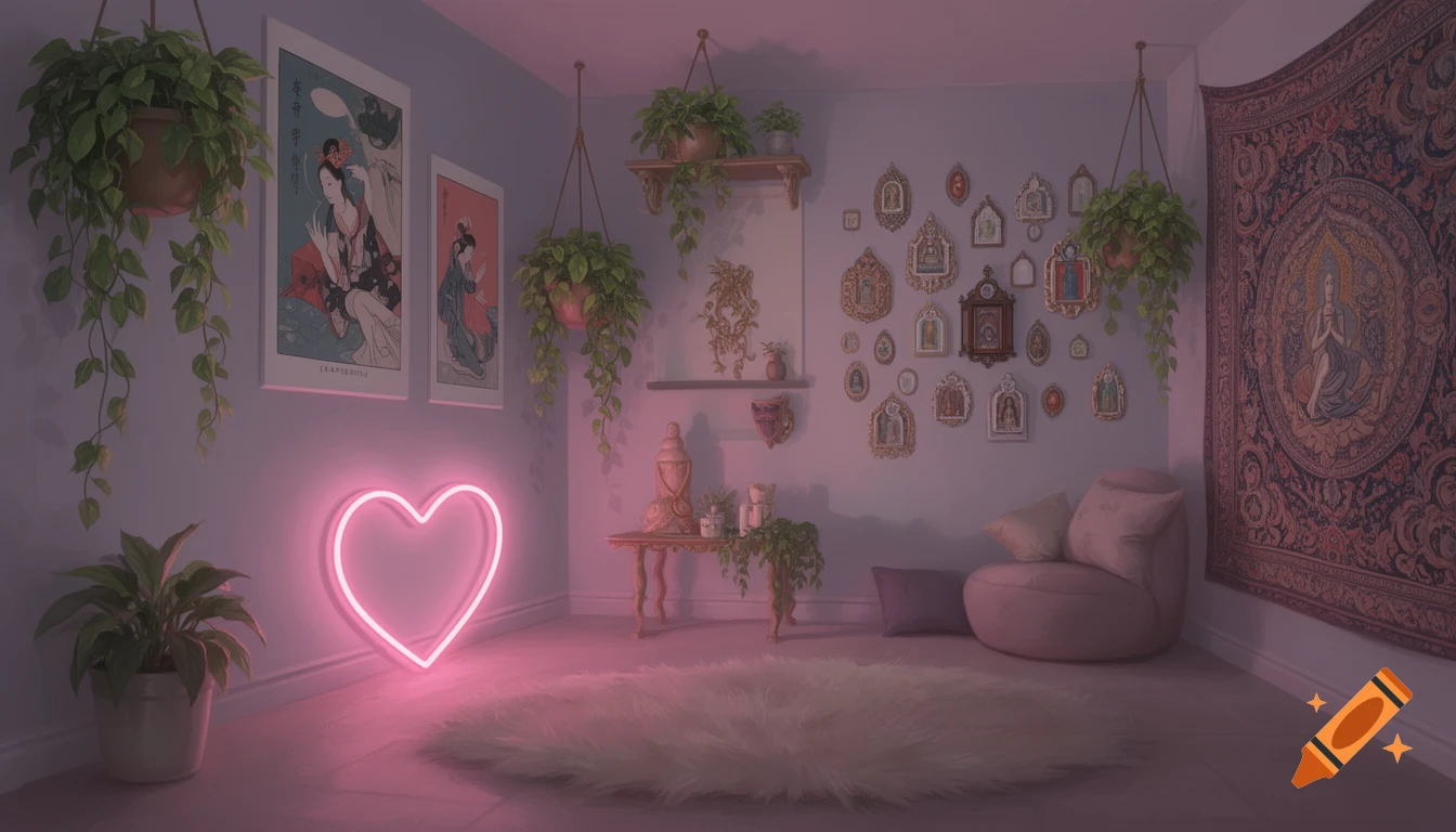 A cozy, pink-lit room with hanging plants, Japanese art posters, a neon heart, ornate frames, a fuzzy rug, and a patterned tapestry.