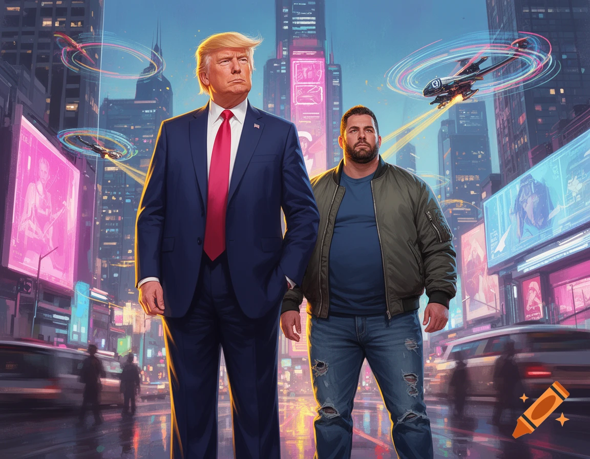 Donald Trump and another man stand in a vibrant, neon-lit cyberpunk city with flying vehicles and glowing billboards.
