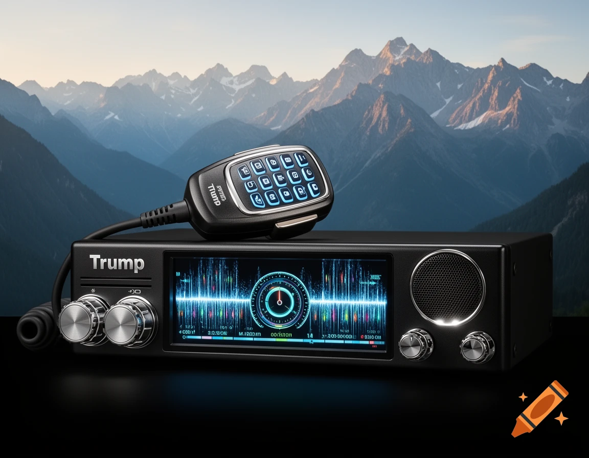 Ultra-realistic photo of a black Trump-branded CB radio with silver knobs, digital display, and a microphone, set against majestic mountains.