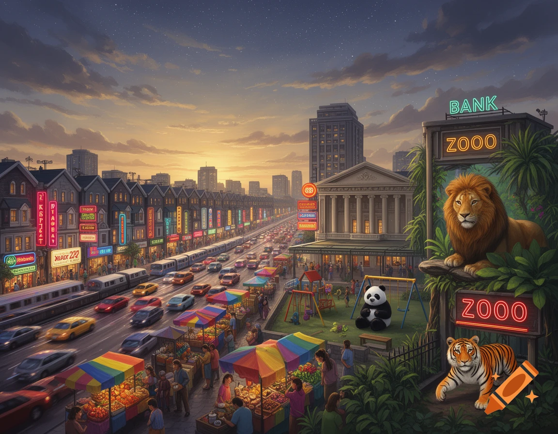 An evening city scene with a busy street, a market with colorful stalls, a train, and tall buildings with neon signs. A zoo entrance features a lion, panda, and tiger.