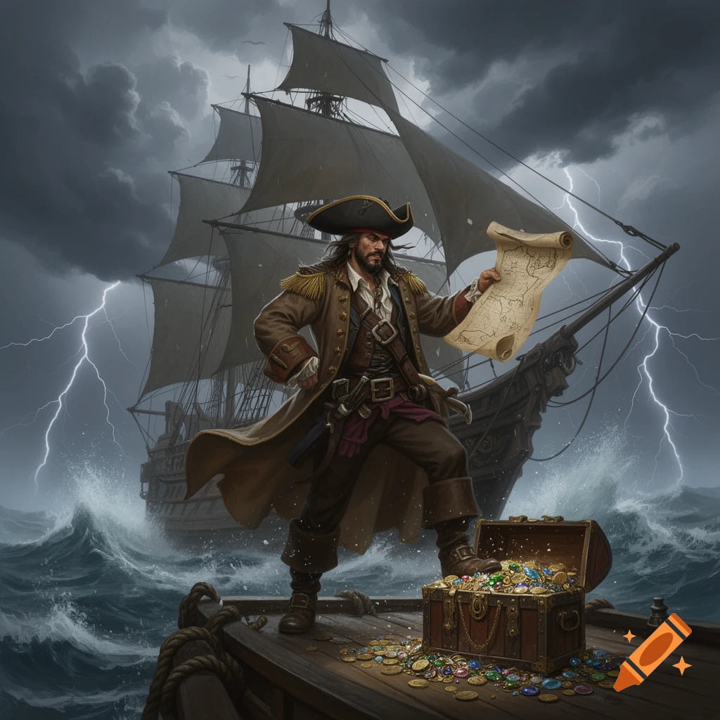 A pirate captain stands triumphantly on a ship's deck during a stormy ...