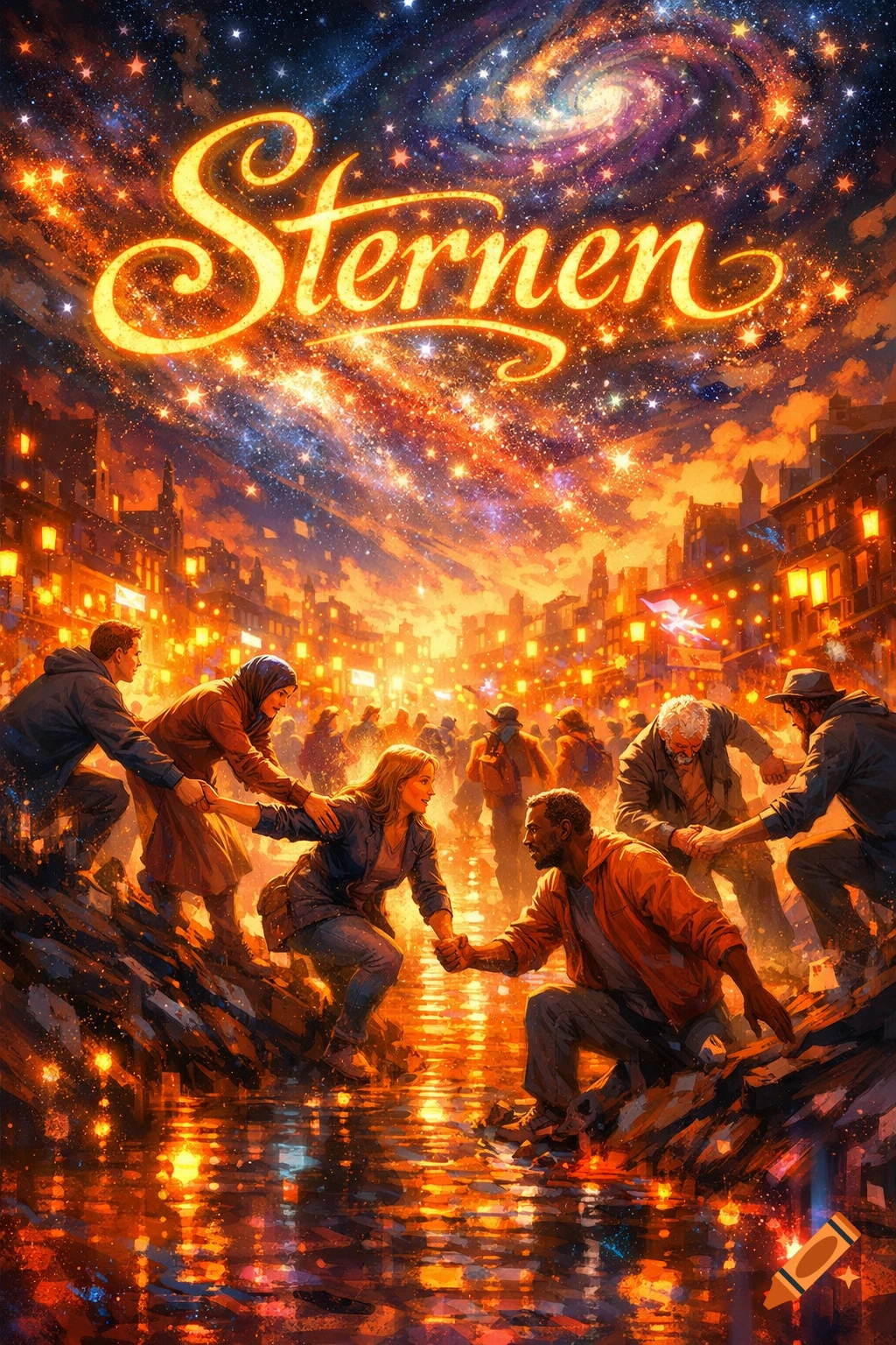 Vibrant illustration of people helping each other in a glowing city under a starry, swirling galaxy, with 'Sternen' above.