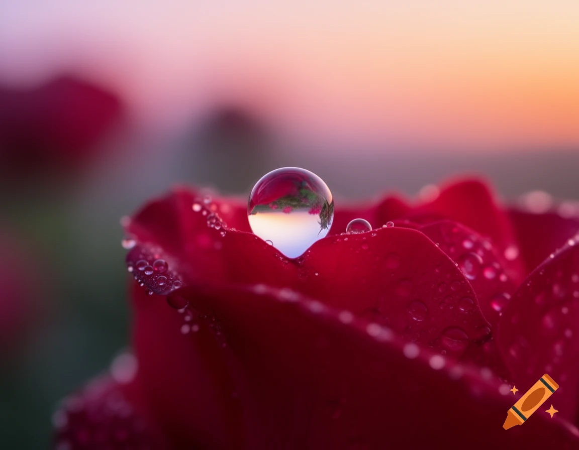 A close-up of a red rose petal covered in water droplets, with a larger droplet reflecting a colorful sunset.