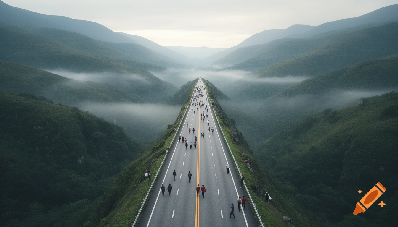 An aerial view of a straight highway cutting through a misty mountain valley, with many people walking on it, extending into the distance.