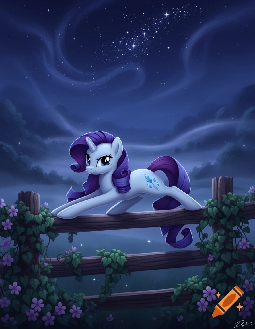 A light blue unicorn pony with a purple mane stretches like a cat on a wooden fence under a starry night sky. Vines with purple flowers grow on the fence.