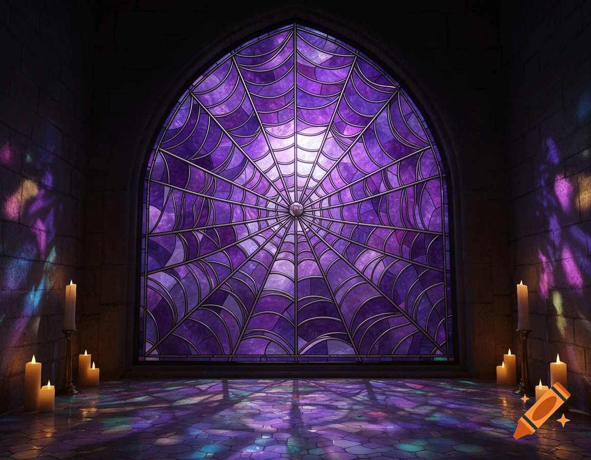 A dark, vaulted room with an arched purple spider web stained glass window, casting colorful light onto the floor, flanked by lit candles.