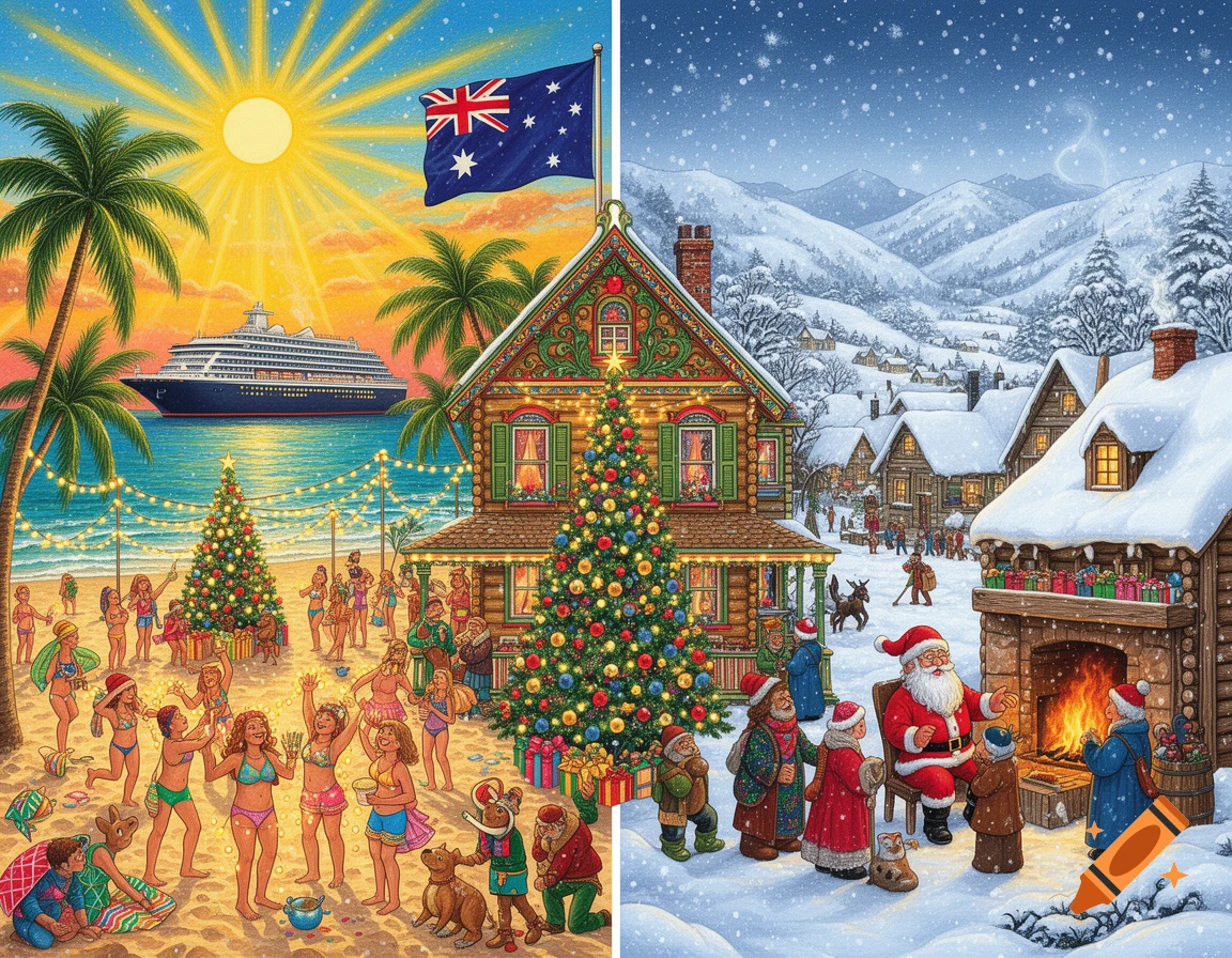 Folk art diptych: Summer Christmas on a beach with an Australian flag and cruise ship; Winter Christmas in a snowy village with Santa.