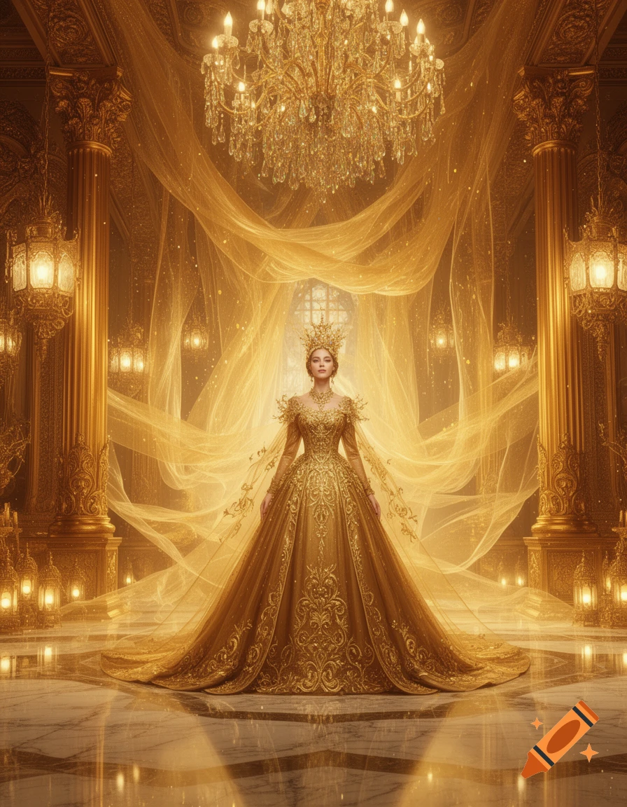 A queen in a magnificent, intricately embroidered golden gown and crown stands in a lavish, gold-adorned royal hall.