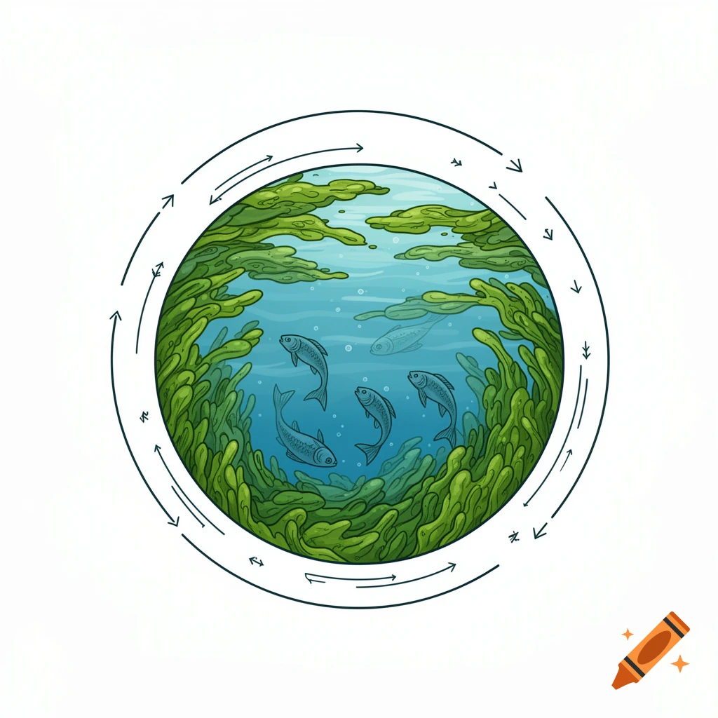 Illustrative pictogram of an aquatic ecosystem with green algae, fish, and arrows depicting a cycle.