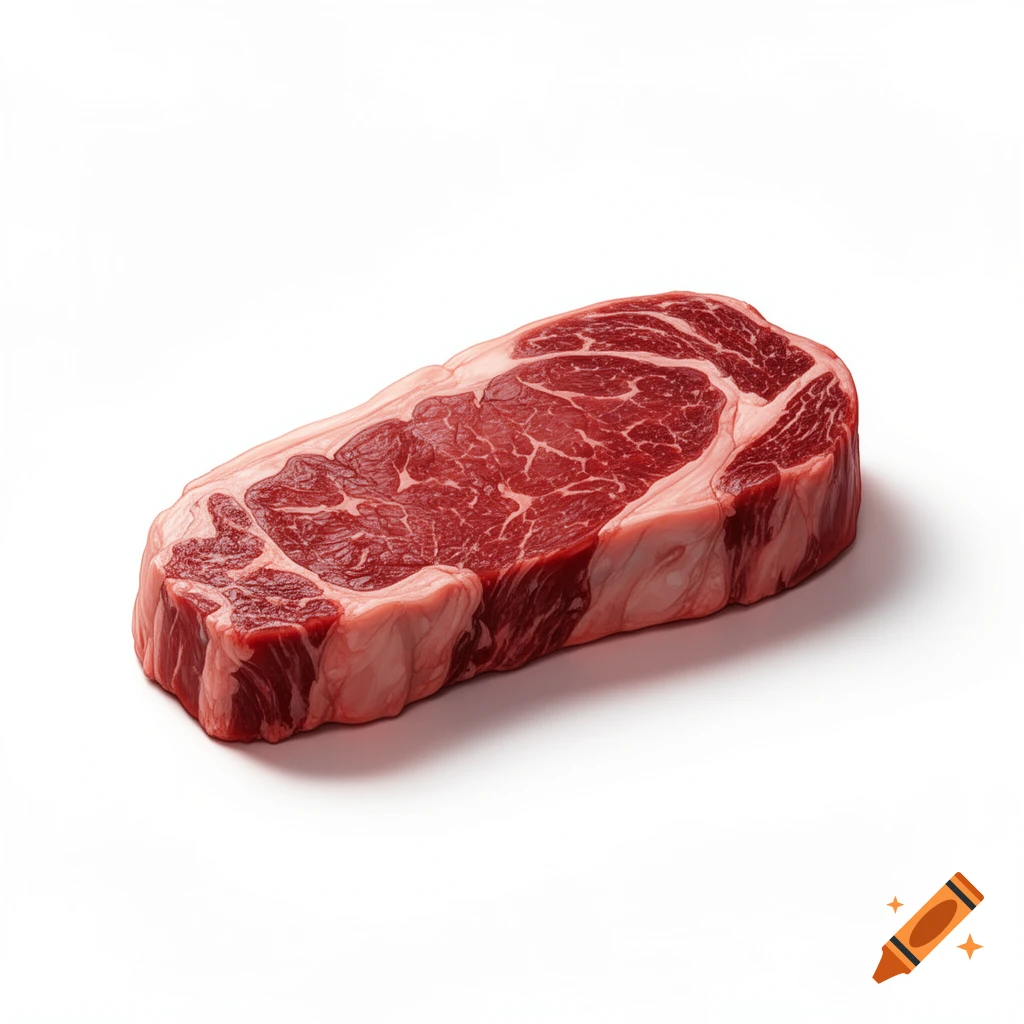 A raw, red steak with white marbling and a thick fat cap sits on a clean white background.