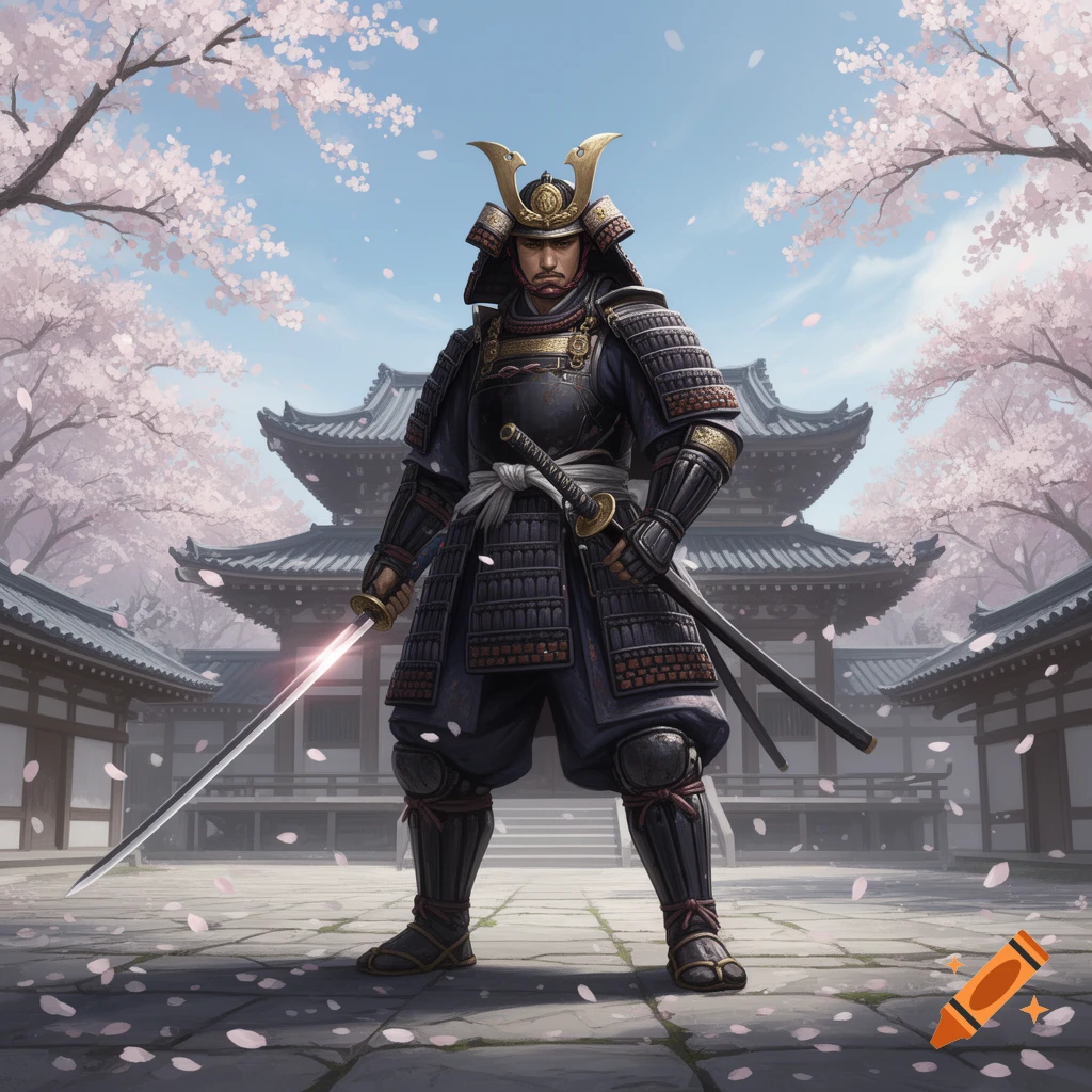 A samurai in full black armor holds a glowing katana in front of a traditional Japanese temple with cherry blossoms.