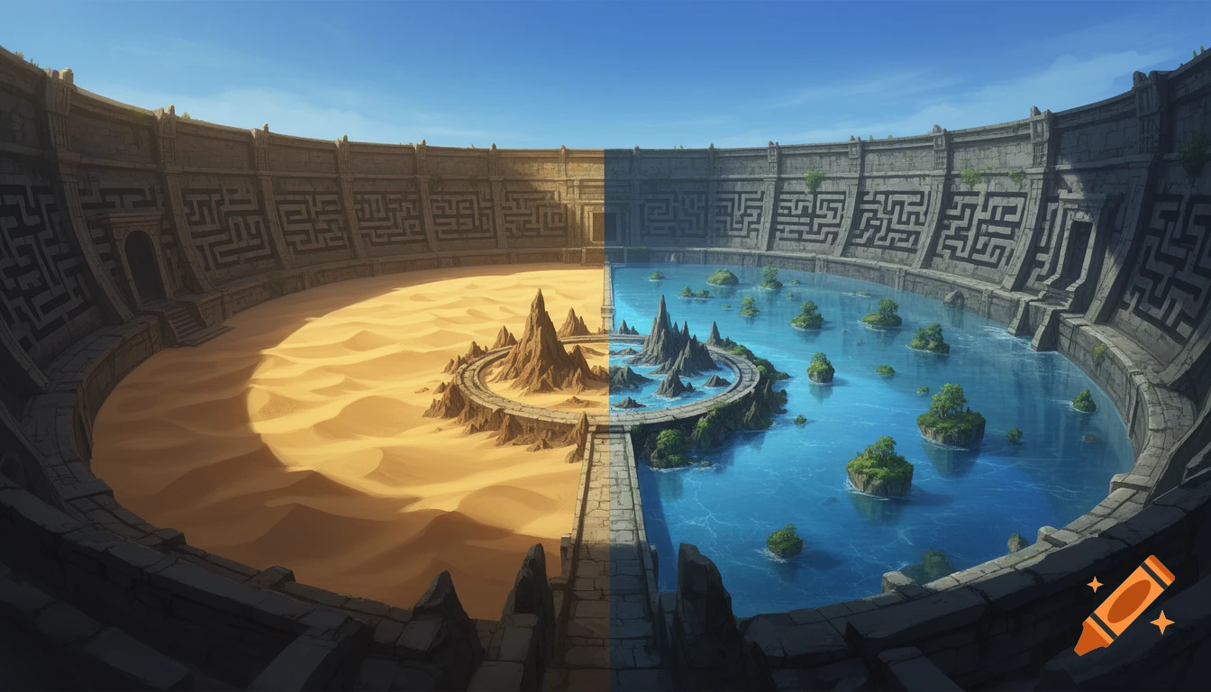 A fantasy circular arena divided into two halves; one with a sandy desert and rocky spires, the other a calm blue lake with small green islands. Stone walls with labyrinth patterns surround it.