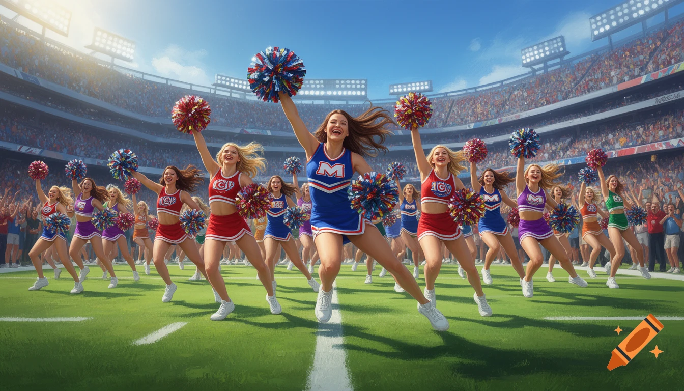 A group of cheerful cheerleaders with pom-poms dance on a green field in a crowded stadium under bright sunlight.