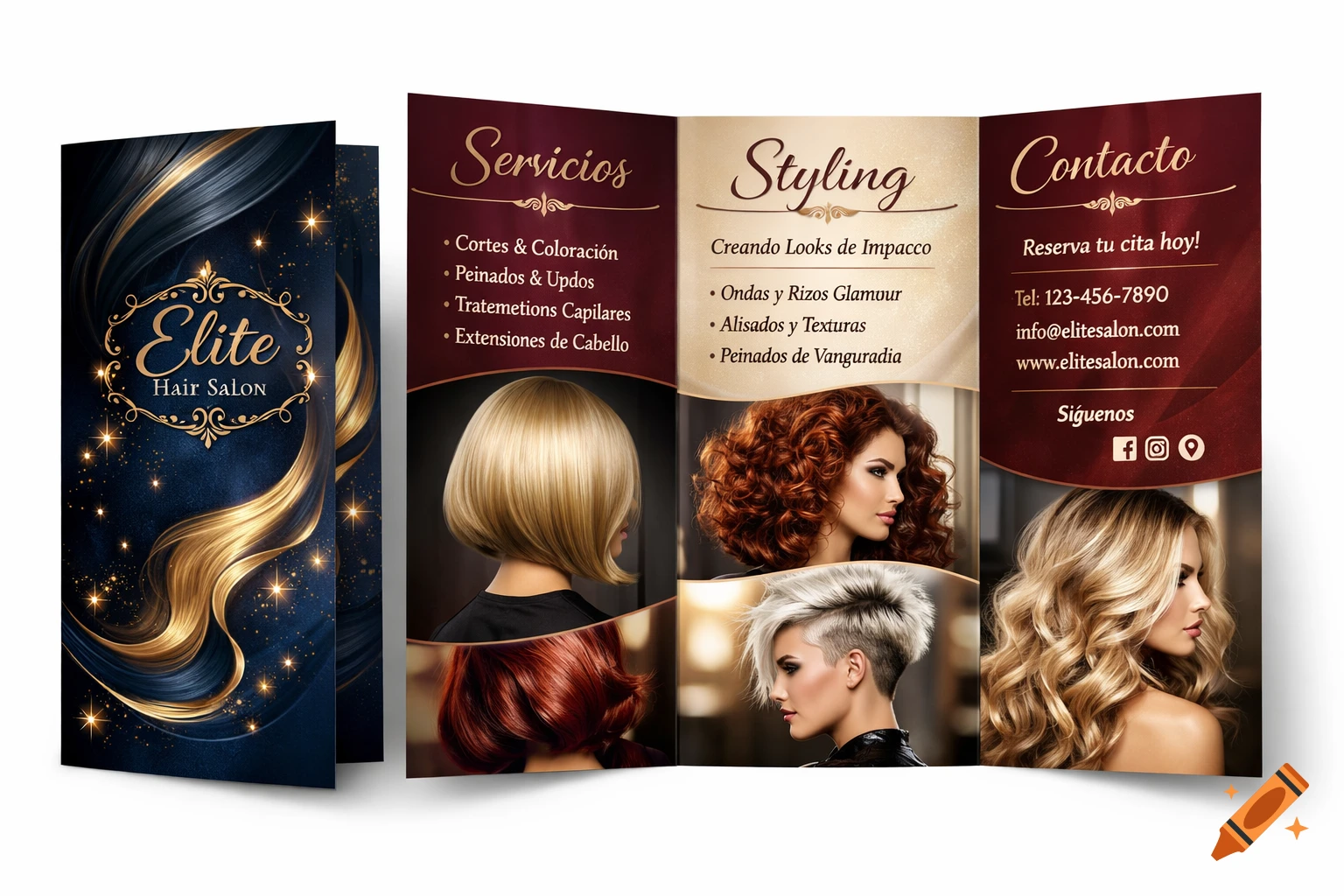 A vibrant tri-fold brochure for 'Elite Hair Salon' with golden swirling hair and sparkling stars on a dark blue cover, opening to reveal service details, styling options, contact information, and portraits of women with various hairstyles.