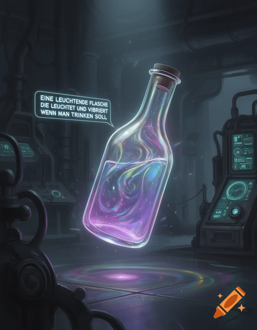 A glowing bottle with swirling cosmic liquid floats in a dark, futuristic lab, with text in a speech bubble.