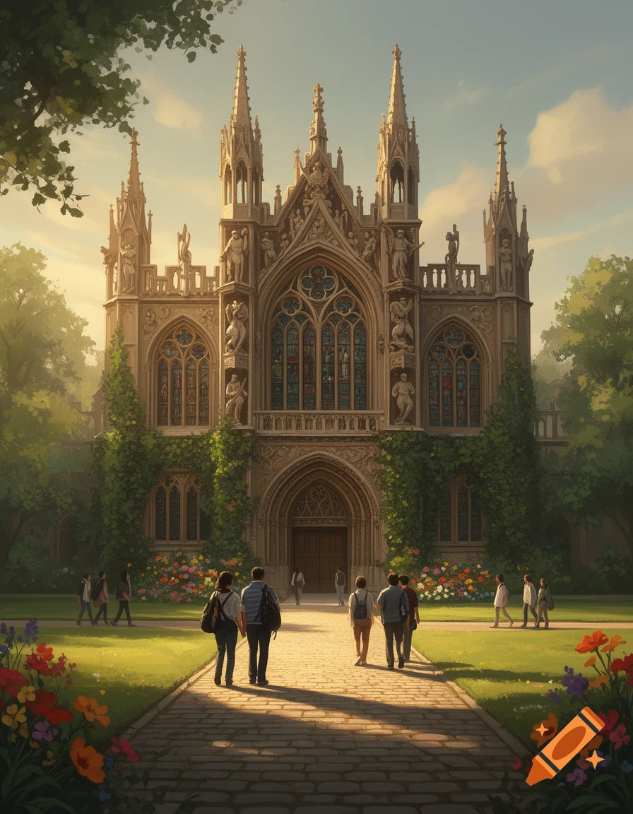 A grand Gothic university building with spires and stained glass, covered in ivy, as students walk on a sunlit stone path.