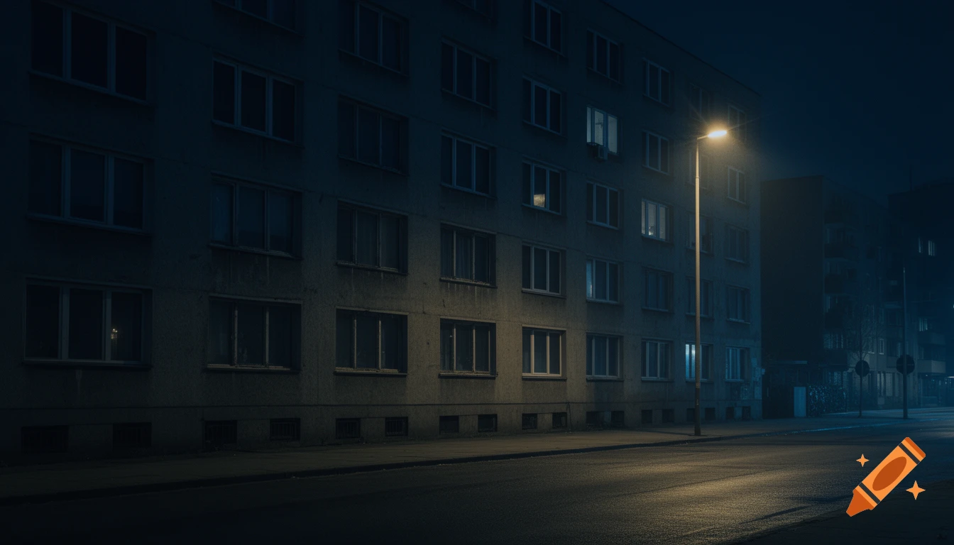 Cinematic wide shot of a dim streetlight illuminating a wet street in front of a dark apartment building at night.