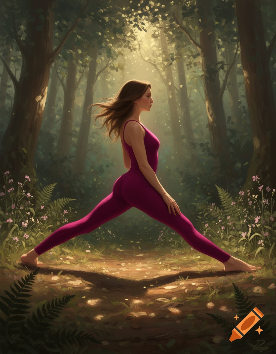 Woman in purple activewear performing a wide-legged stretch in a sunlit forest.