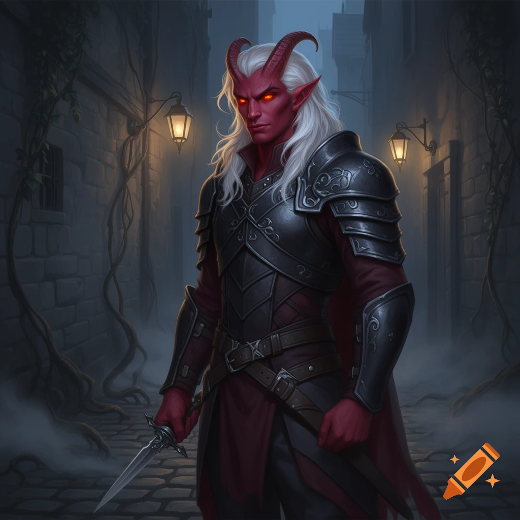 A red-skinned male tiefling with white hair and glowing red eyes, wearing dark rogue armor and holding a dagger, stands in a misty cobblestone alley.