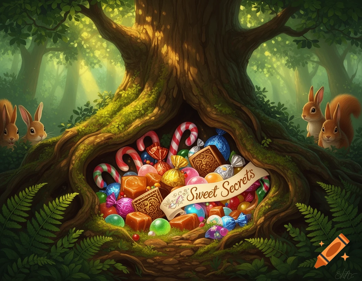 Whimsical illustration of a mossy tree hollow filled with colorful candy and a 'Sweet Secrets' banner, with two bunnies peeking from a forest.