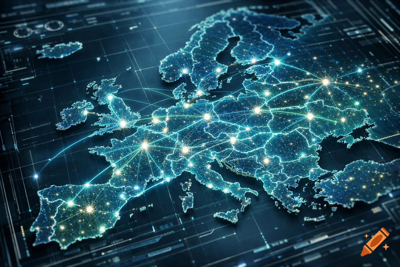 Futuristic, glowing blue digital map of Europe with interconnected light lines and points on a dark background.