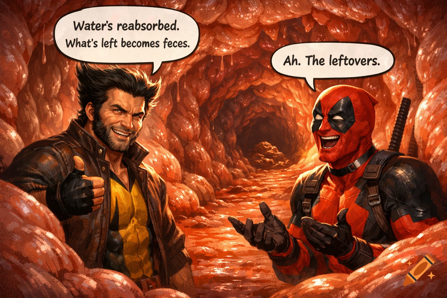 Wolverine and Deadpool in a comic style inside a fleshy intestine, discussing 'feces' and 'leftovers'.