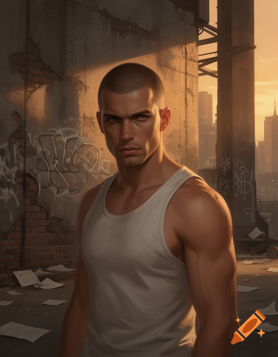A man with a buzzcut and tank top stands in a gritty urban setting with graffiti, bathed in sunset light, in a realistic art style.