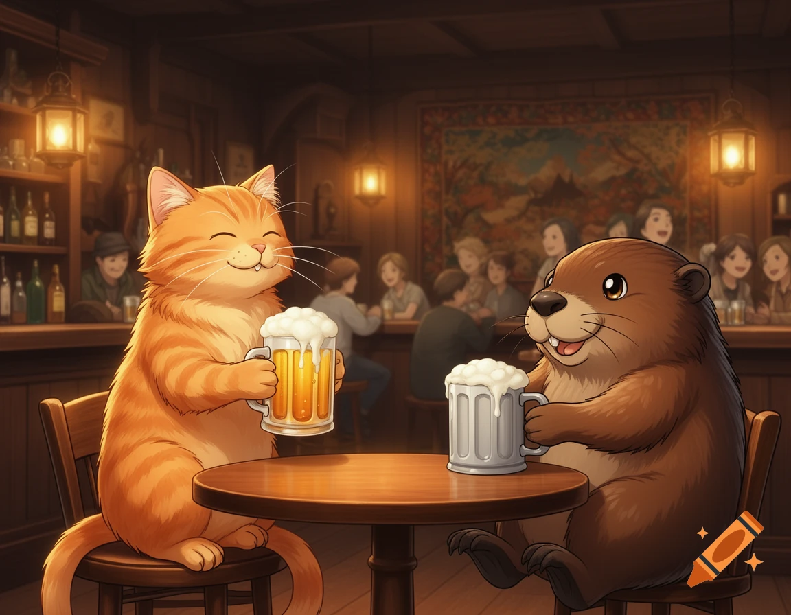 Cartoon ginger cat and beaver clinking beer mugs in a cozy village pub.