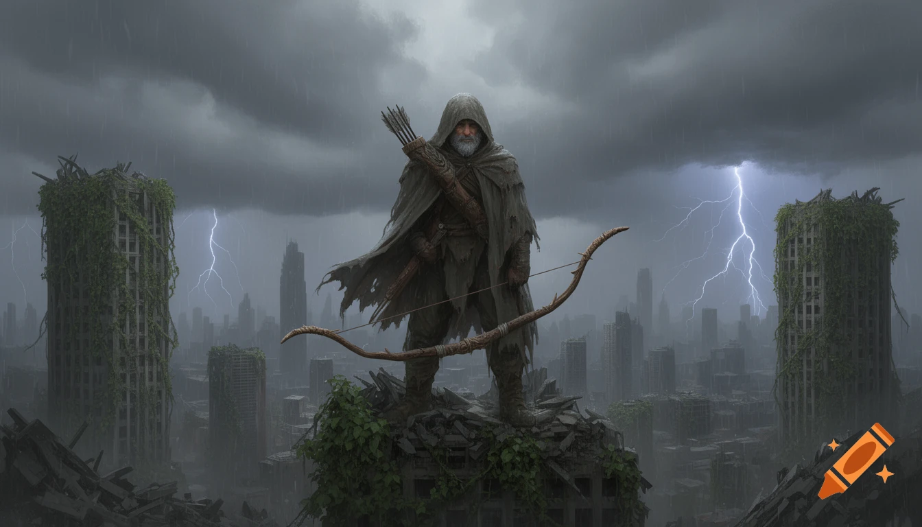 A hooded, bearded archer stands on a ruined skyscraper, overlooking a vine-covered city under a stormy sky with lightning.