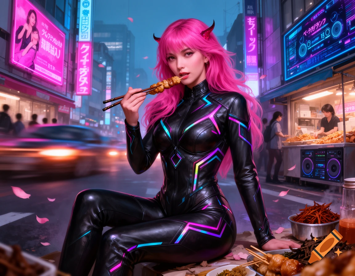 A pink-haired demon woman in a black and neon suit eats street food in a vibrant cyberpunk city at night.