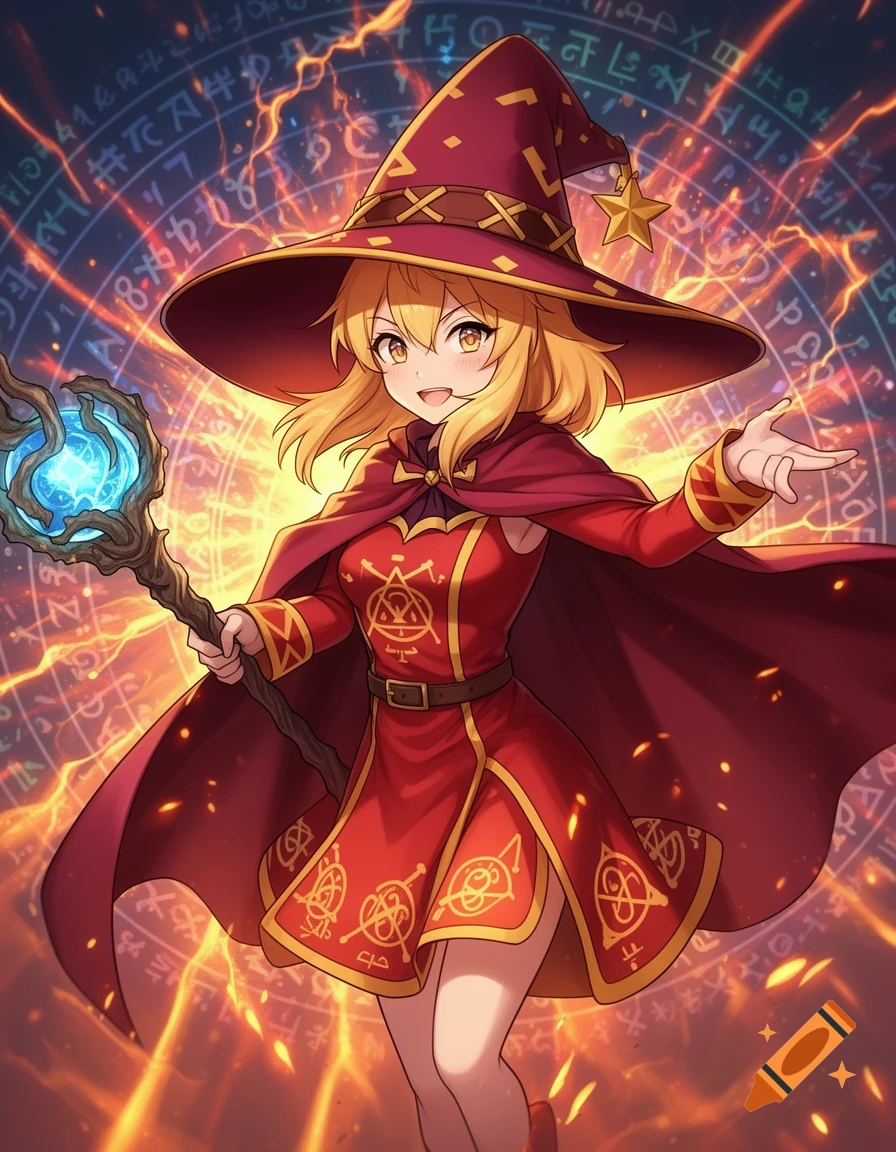 Anime witch in a red robe and hat, holding a glowing staff, against a fiery, magical background with arcane symbols.