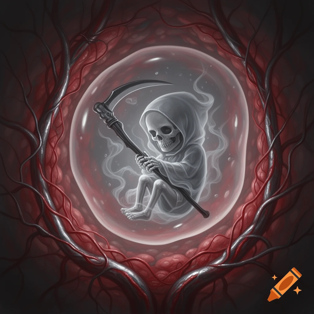 A skeletal grim reaper fetus in a hooded cloak holds a scythe, floating in a clear sac surrounded by red blood vessels in a dark, organic setting.