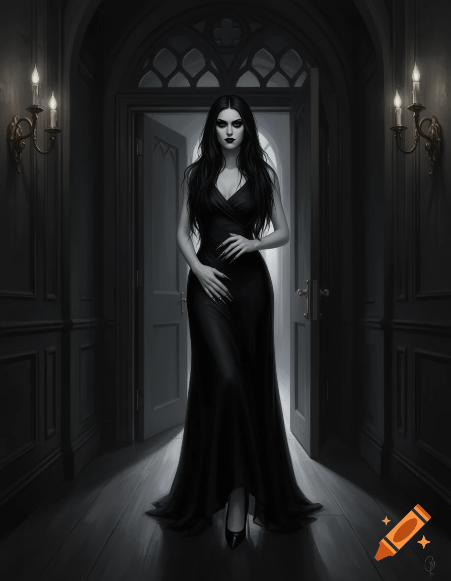 A gothic woman with long black hair, a black dress, and long nails ...