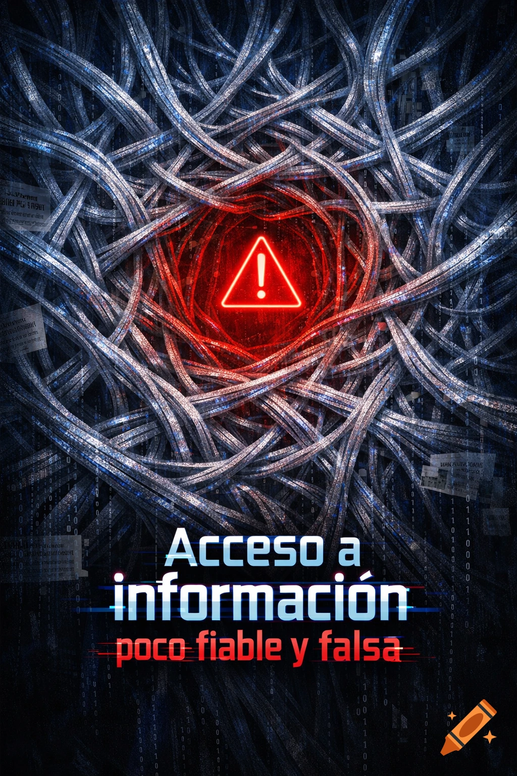 Tangled blue and grey wires with data streams, a glowing red warning triangle, and text reading 'Acceso a informaci yoacute;n poco fiable y falsa'.