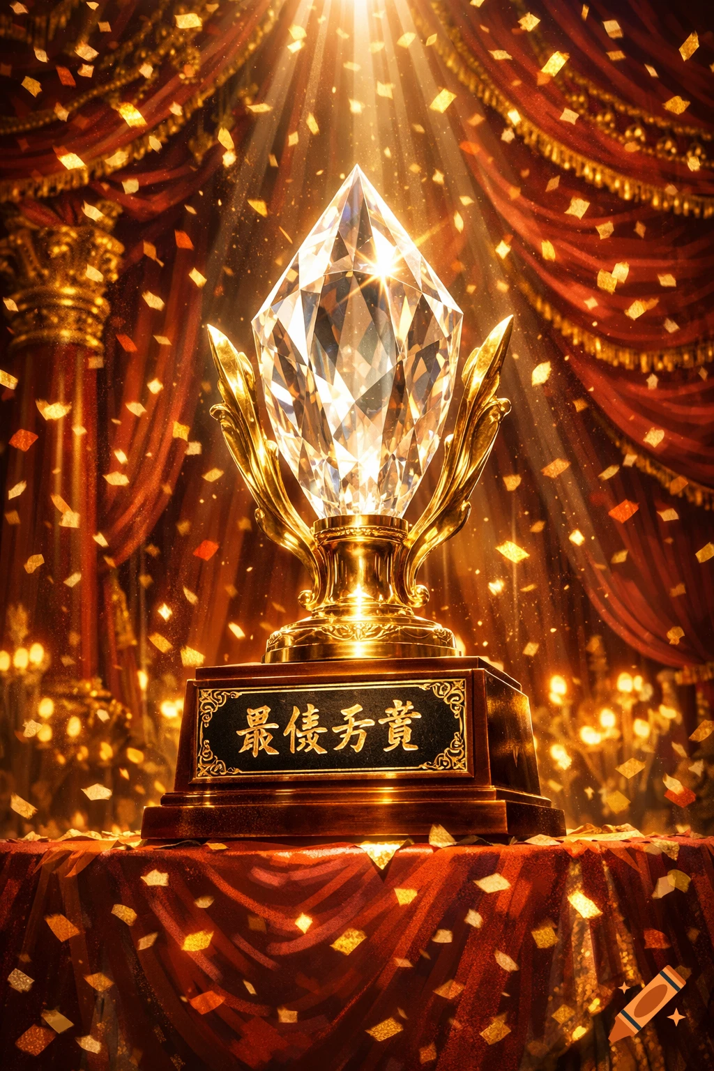 A gleaming diamond trophy on a gold stand, surrounded by falling confetti, illuminated by a spotlight against red curtains.