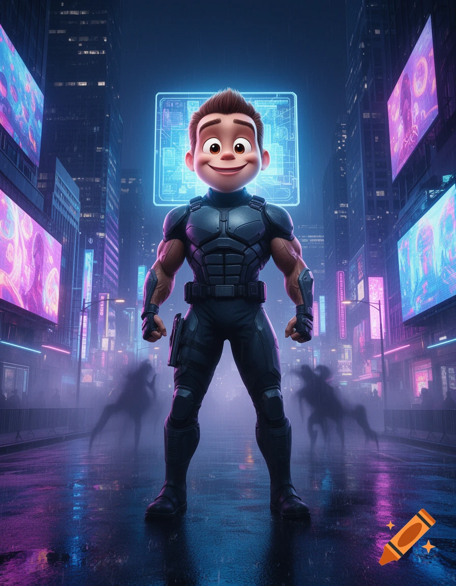 A cartoon character with a large head and muscular body stands in a ...