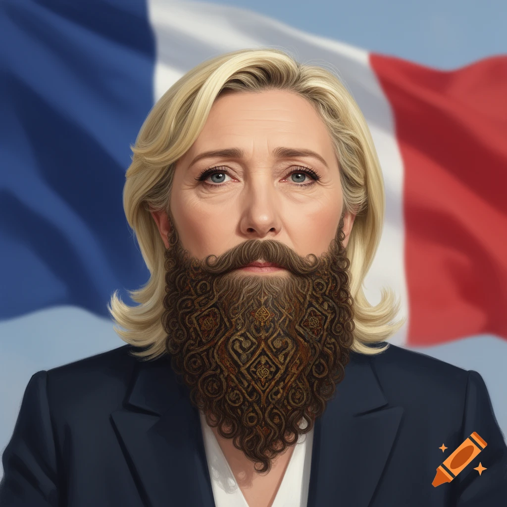 Photorealistic portrait of Marine Le Pen with a highly detailed, patterned beard, against a backdrop of the French flag.