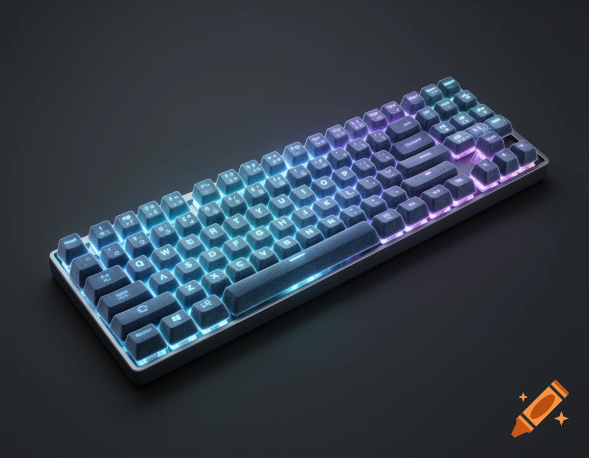 A photorealistic image of a mechanical keyboard with soft, illuminated keys glowing in a blue and purple gradient.