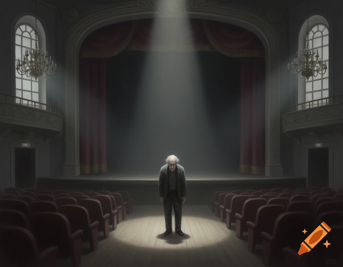 An old, sad man bows on an empty theater stage under a spotlight, surrounded by red seats.