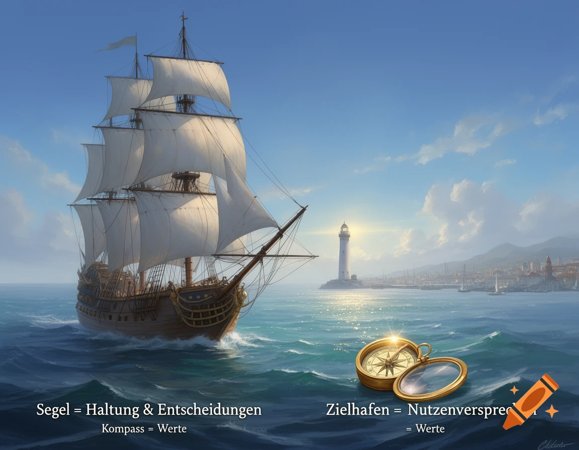 An illustrative image of a large sailing ship on rough seas with a lighthouse and a coastal town in the background. A golden compass is in the foreground. German text is overlaid on the image.