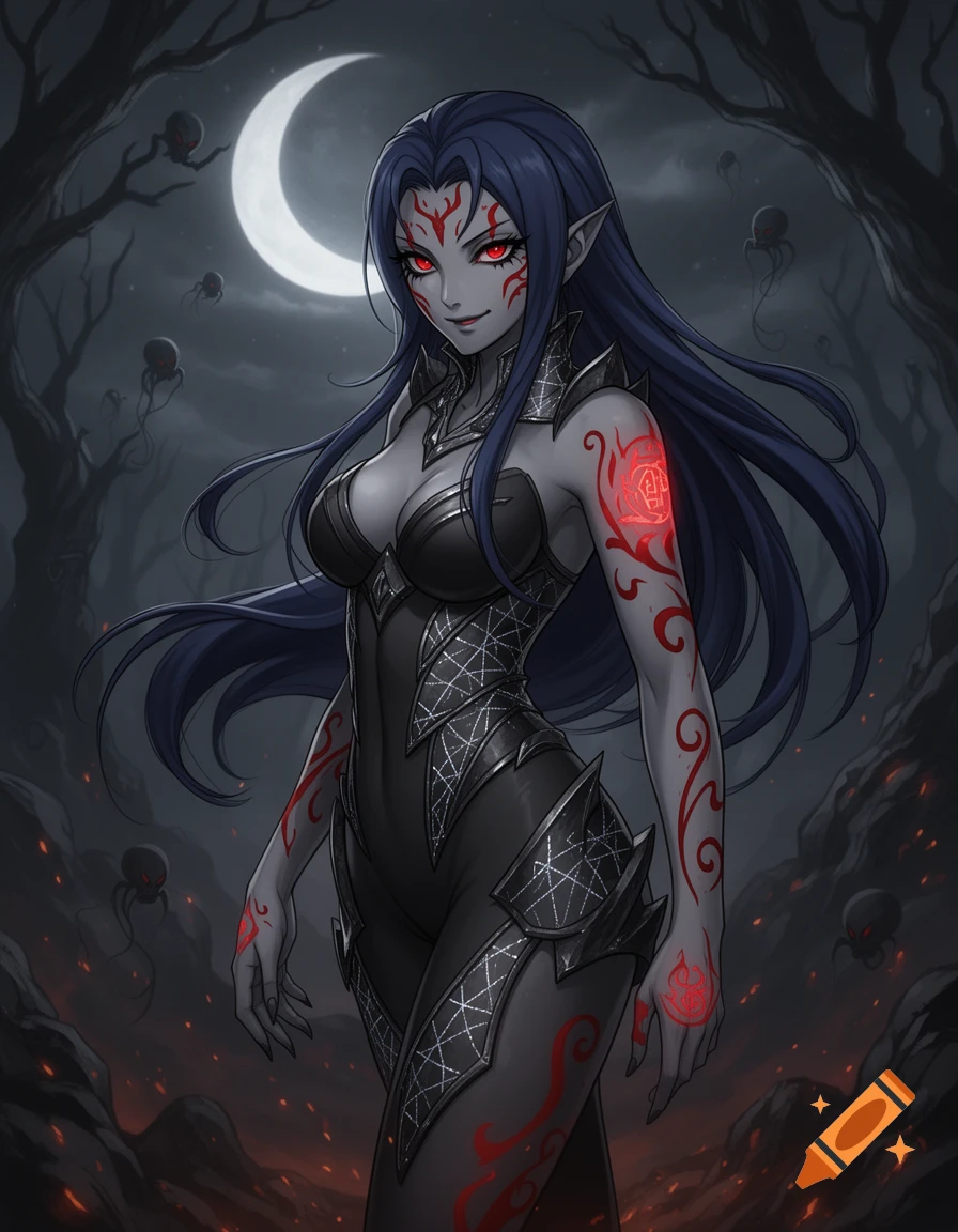 An anime-style female demon with gray skin, red eyes, and glowing red tattoos, wearing a black armored outfit, stands in a dark forest under a crescent moon with spooky flying creatures and glowing embers.