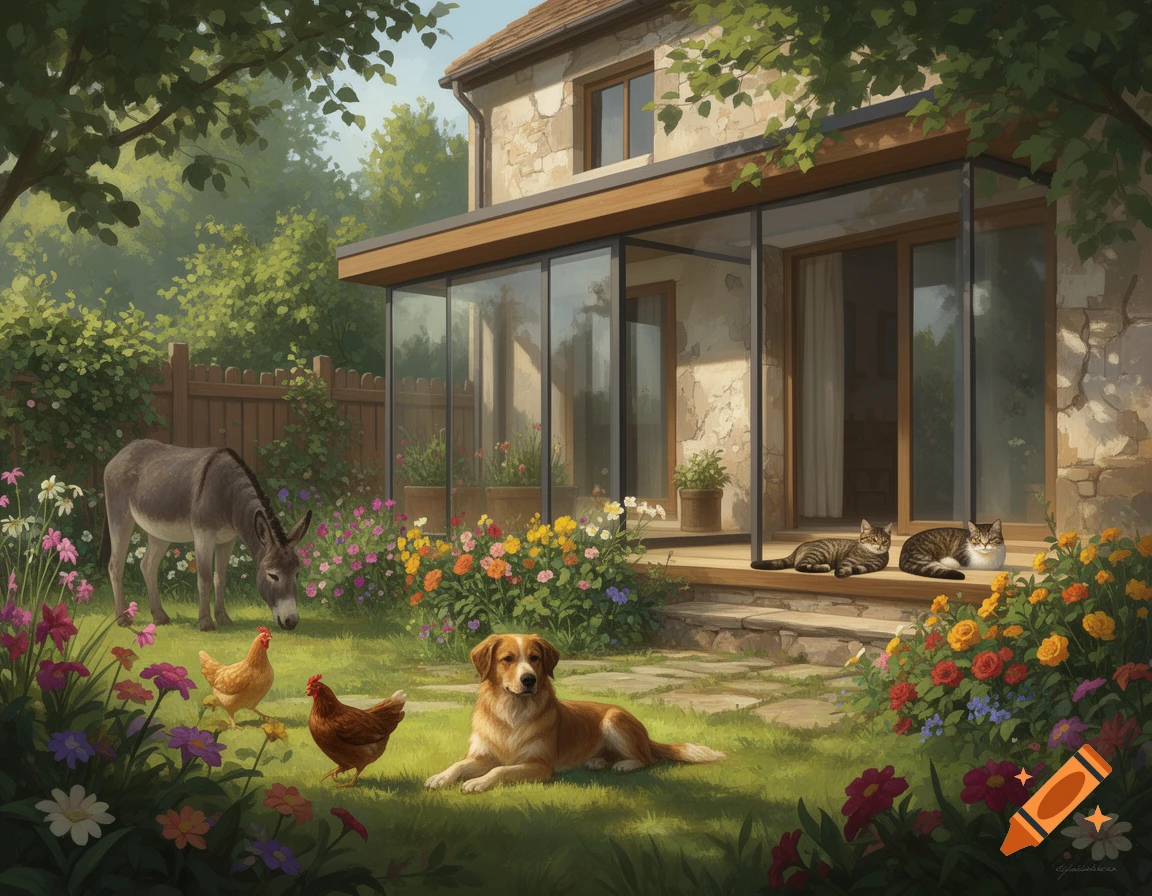 A painterly scene of an old renovated house with a lush garden, a donkey, two chickens, a dog, and two cats lounging.